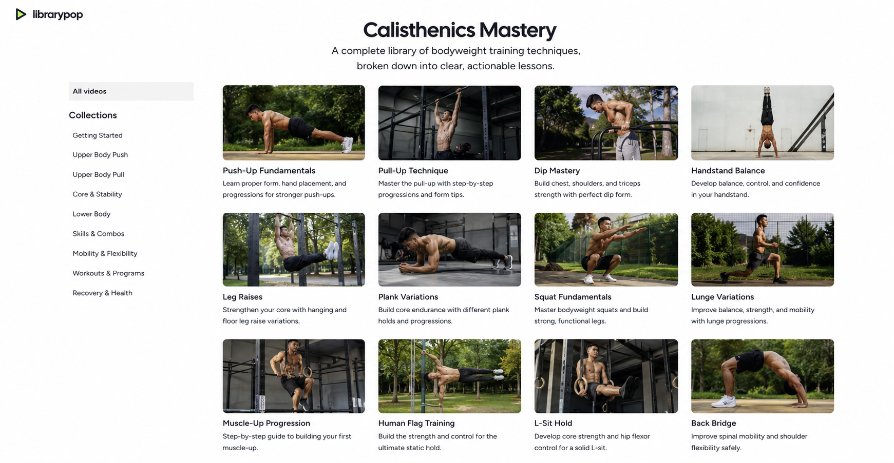 Calisthenics Mastery library with collections sidebar and a grid of video lessons