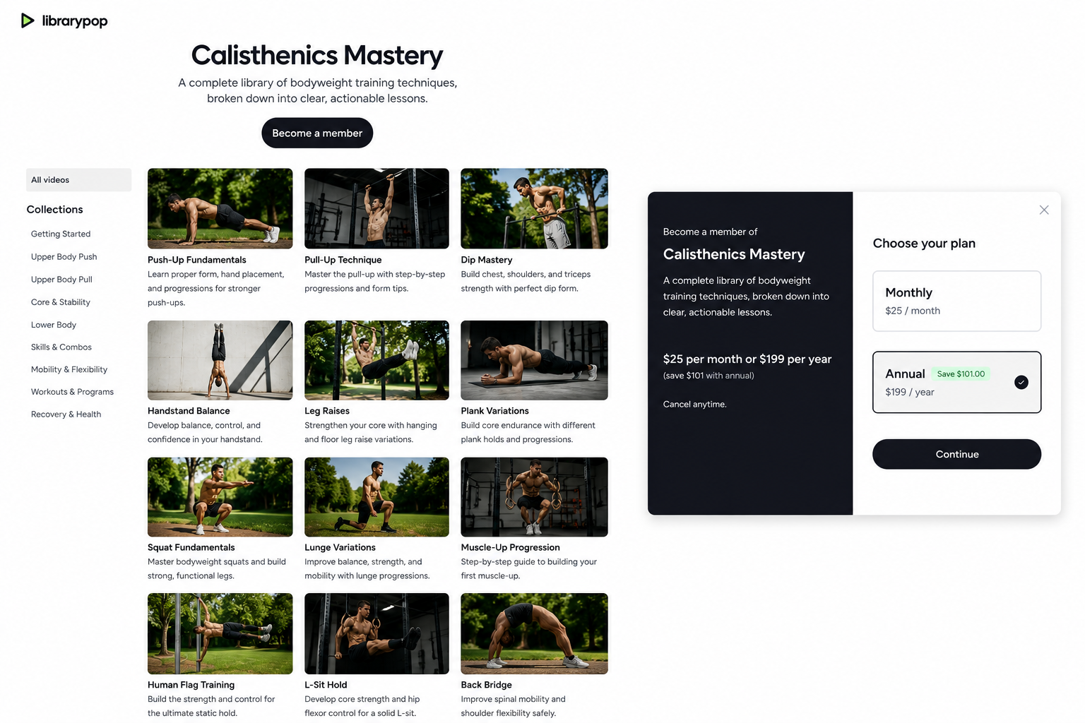 Calisthenics Mastery library with the Become a member modal open showing monthly and annual plans