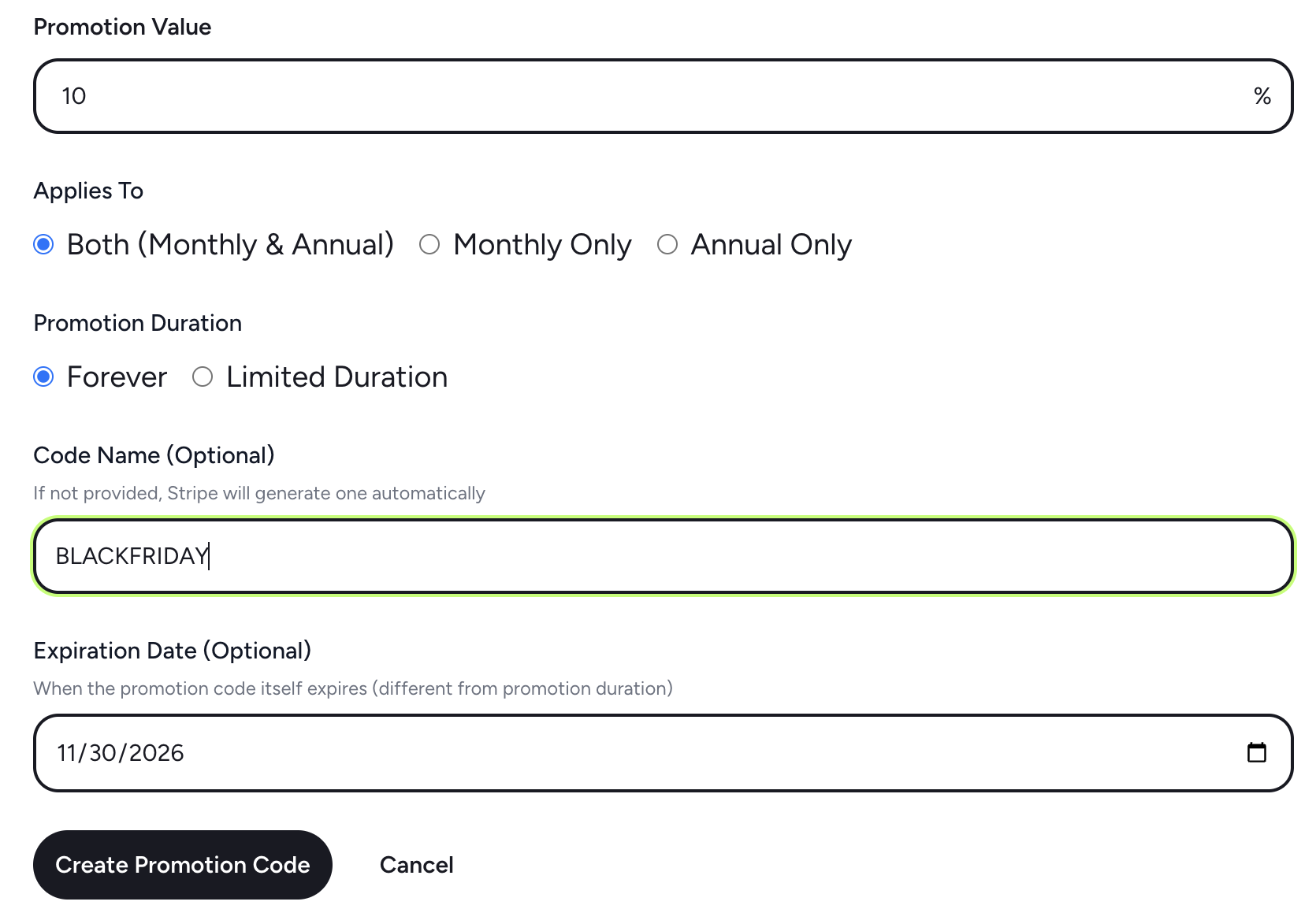 Settings form for creating a promotion code with BLACKFRIDAY and 10 percent off